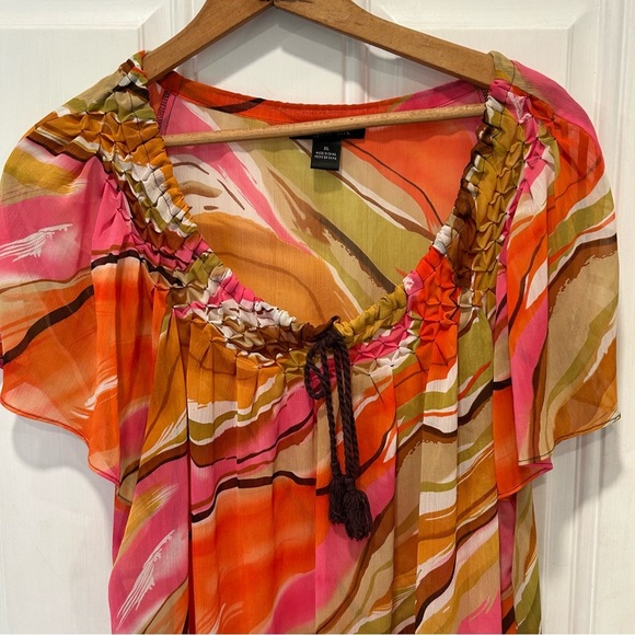 AUGUST SILK Women’s Blouse Colorful Pink Green Chiffon Crinkle Off Shoulder - Picture 1 of 6